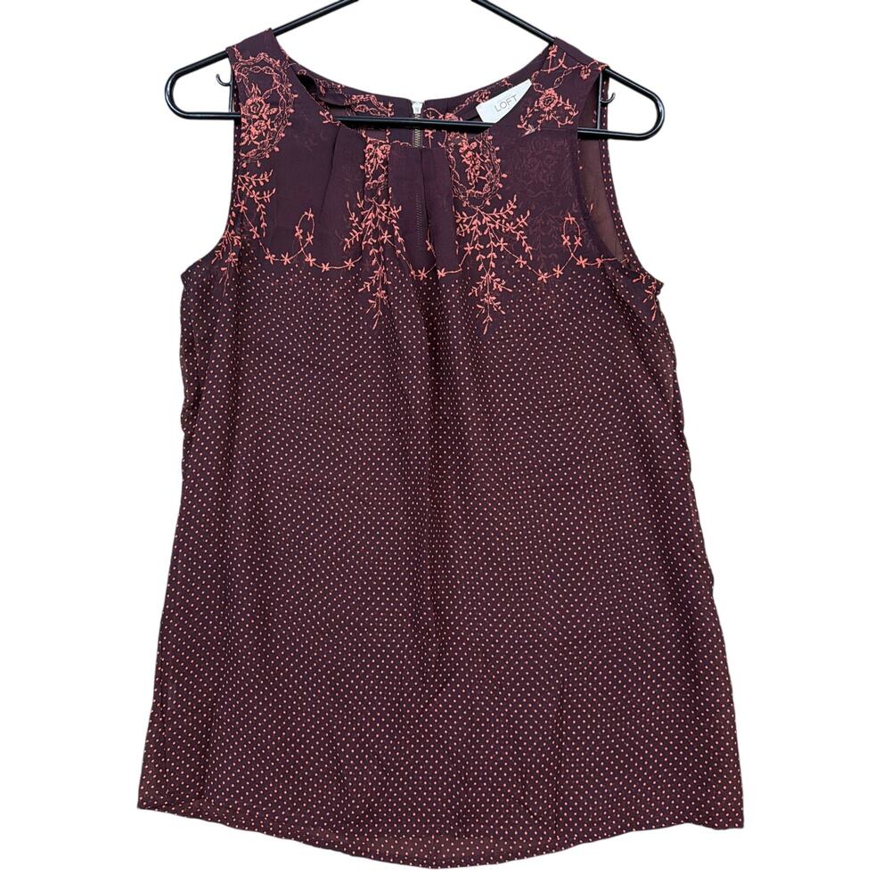 LOFT Womens Blouse Maroon Floral Polka Dot Pleated Round Neck Sleeveless XS